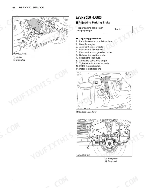 Kubota RTV-X1140 periodic service page showing 200-hour parking brake adjustment procedure, lever, and mud guard diagrams.