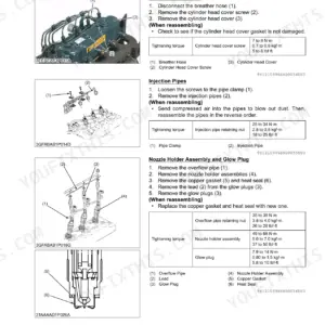 Kubota RTV-X1140 engine cylinder head, injection pipe, and nozzle holder assembly disassembly and torque procedures.