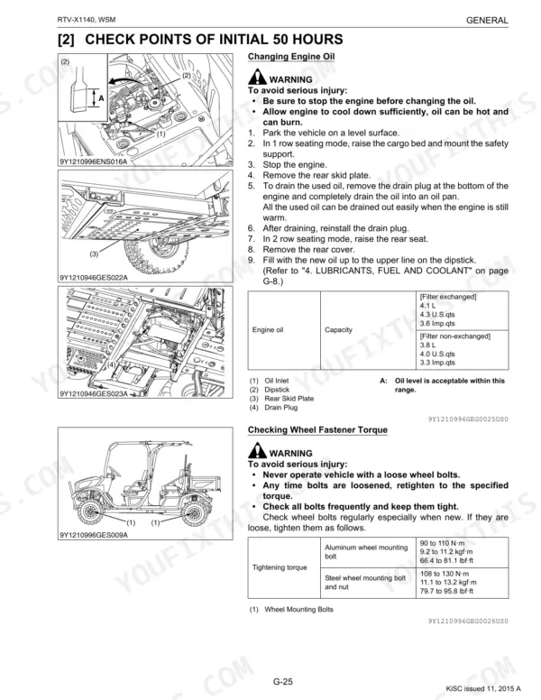 Kubota RTV-X1140 engine oil change procedure, oil capacity table, and wheel fastener torque specifications.