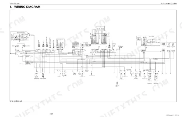 Kubota RTV-X1140 electrical system wiring diagram showing battery, alternator, ECU, fuses, and lighting components.