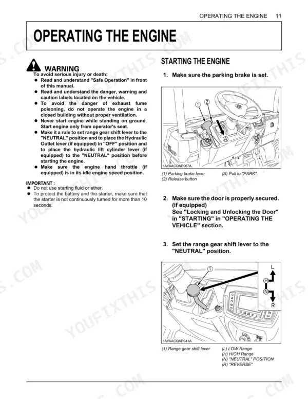Kubota RTV-X900, RTV-X1120D engine starting procedure, parking brake and range gear shift lever diagrams.