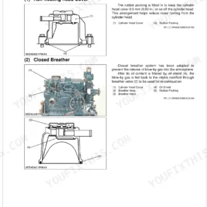 Kubota RTV-X900, RTV-X1120D engine body diagrams showing half-floating head cover and closed breather system components.