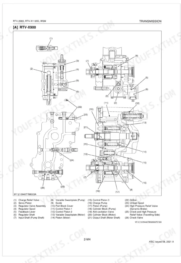 Kubota RTV-X900, RTV-X1120D transmission system diagram showing pump and motor components, swashplates, and valve assemblies.