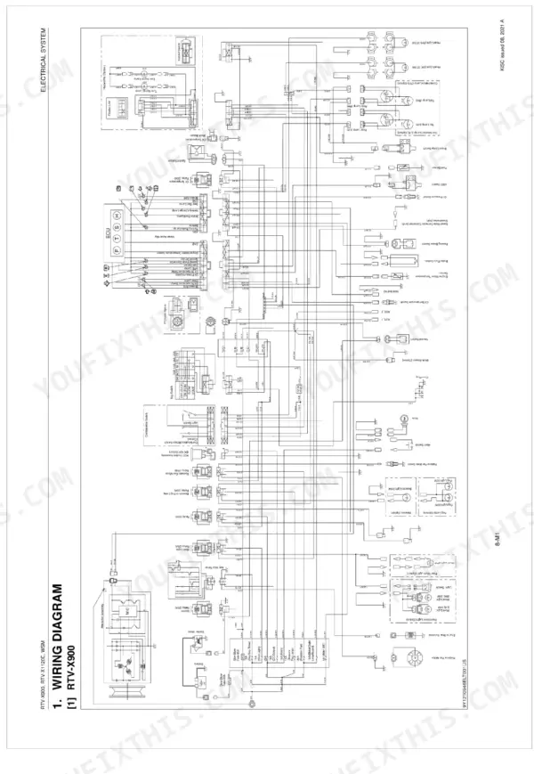 Kubota RTV-X900, RTV-X1120D electrical system wiring diagram showing ECU, alternator, starter, and lighting circuits.