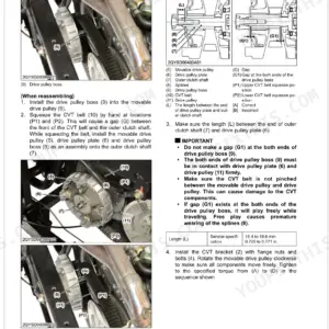 Kubota RTV-XG850, RTV-XG850 EVAP engine service manual: CVT drive pulley assembly, disassembly, and reassembly procedures.