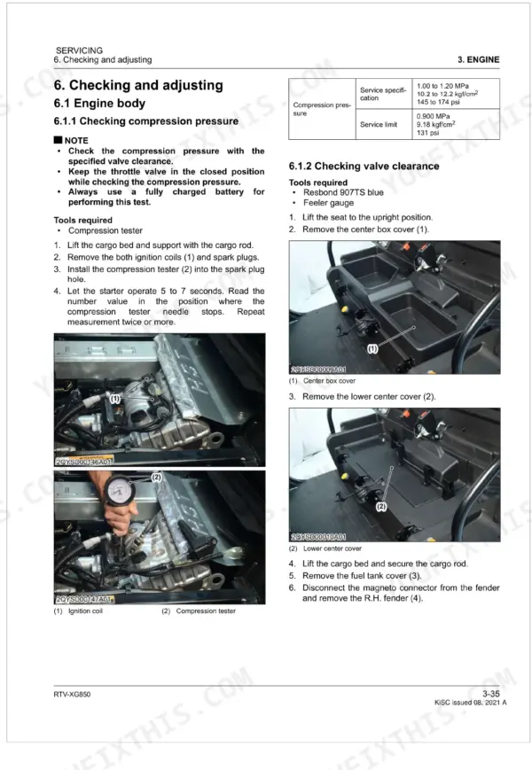 Kubota RTV-XG850, RTV-XG850 EVAP engine compression pressure and valve clearance check procedures with diagrams.