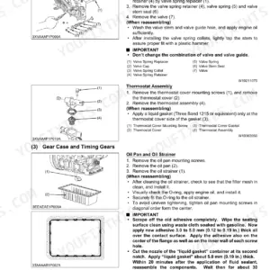Kubota RTV1100 engine service procedures for valves, thermostat assembly, oil pan, and oil strainer removal and installation.