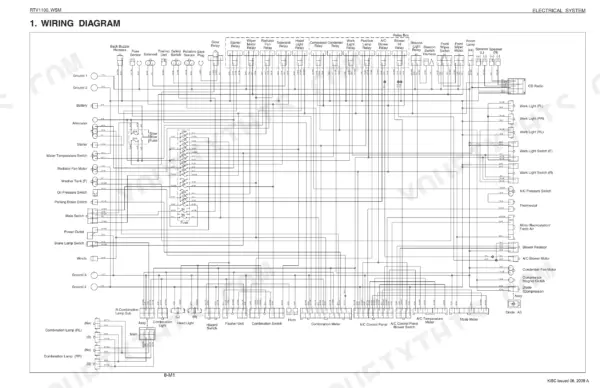 Kubota RTV1100 electrical system wiring diagram showing relays, fuses, switches, and component connections.