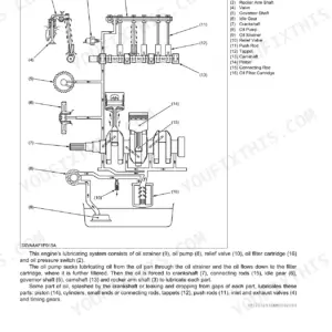 Kubota RTV1140CPX engine lubricating system diagram showing oil pump, filter, and flow path to crankshaft and rocker arm.