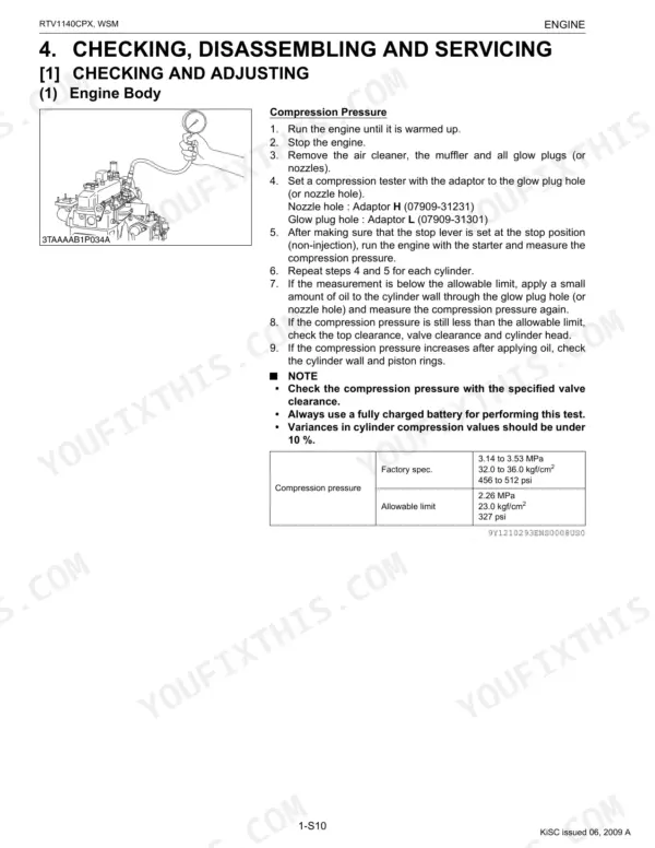Kubota RTV1140CPX engine compression pressure testing procedure, diagram, and factory specification table.