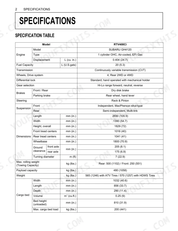 Kubota RTV400Ci technical specification table listing engine, transmission, dimensions, weight, and cargo bed capacities.