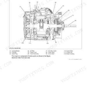 Kubota RTV400Ci engine sectional view diagram showing flywheel, clutch assembly, crank shaft, and cooling blower components.