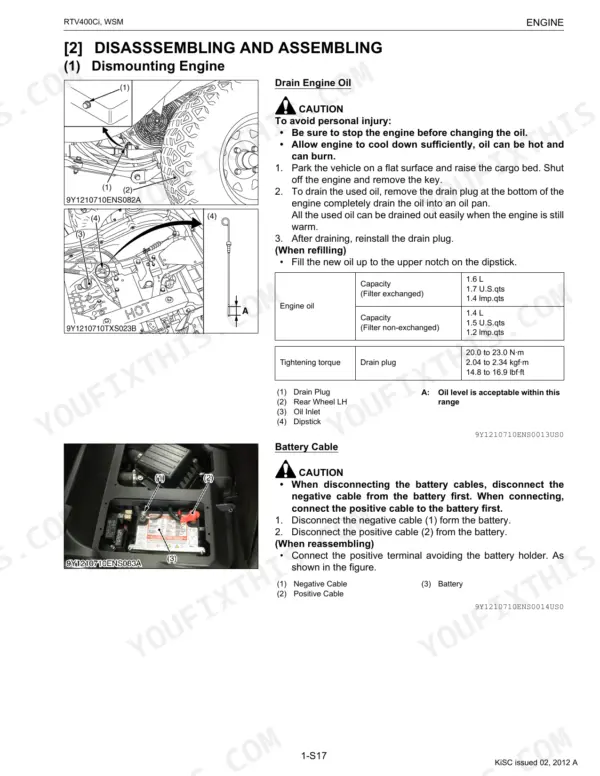 Kubota RTV400Ci engine oil drain and battery cable disconnection procedures with capacity and torque specifications table.