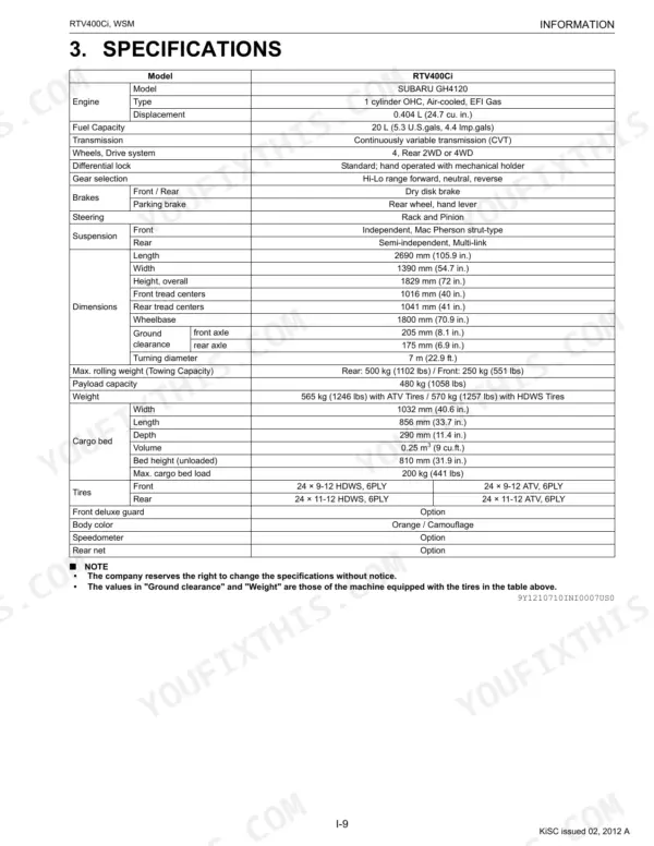 Kubota RTV400Ci technical specifications table including engine, dimensions, cargo bed, and tire data.
