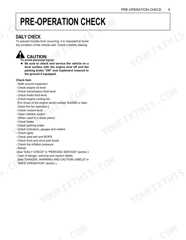 Kubota RTV500 daily pre-operation check list including fluid levels, radiator screen, brakes, and safety equipment.