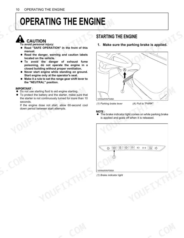 Kubota RTV500 engine starting procedure, parking brake lever operation, and brake indicator light dashboard diagram.