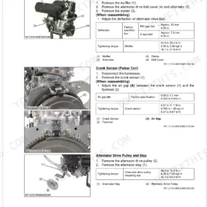 Kubota RTV500 engine disassembly procedures for muffler, starter, alternator, crank sensor, and drive pulley with torque specs.