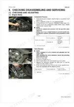 kubota-rtv500-utility-vehicle-workshop-manual-9y111-01409-procedures-110.webp Kubota RTV500 engine service manual page showing compression pressure and valve clearance adjustment procedures.