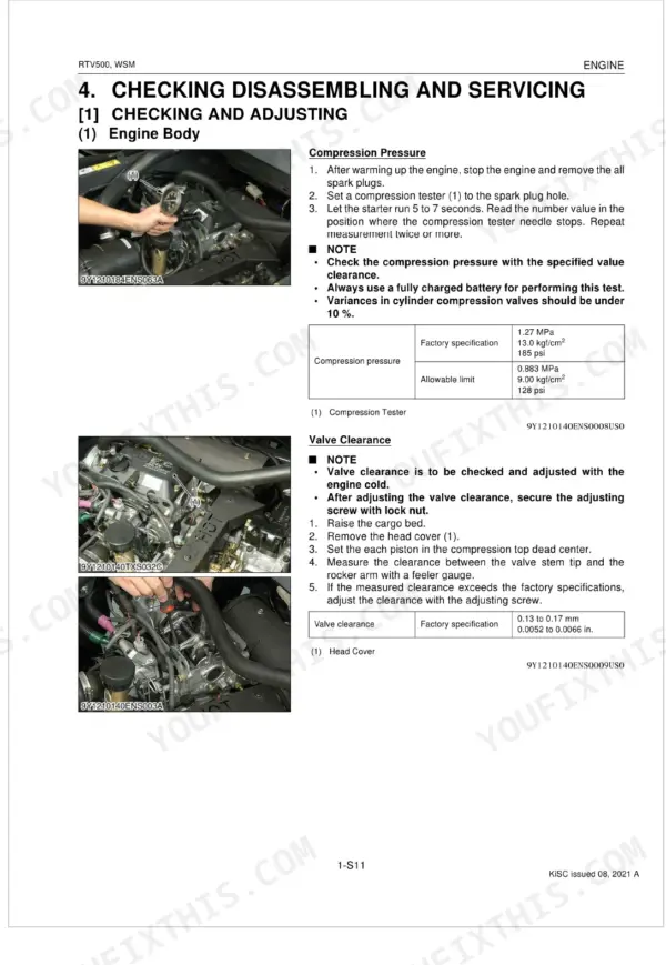 Kubota RTV500 engine service manual page showing compression pressure and valve clearance adjustment procedures.