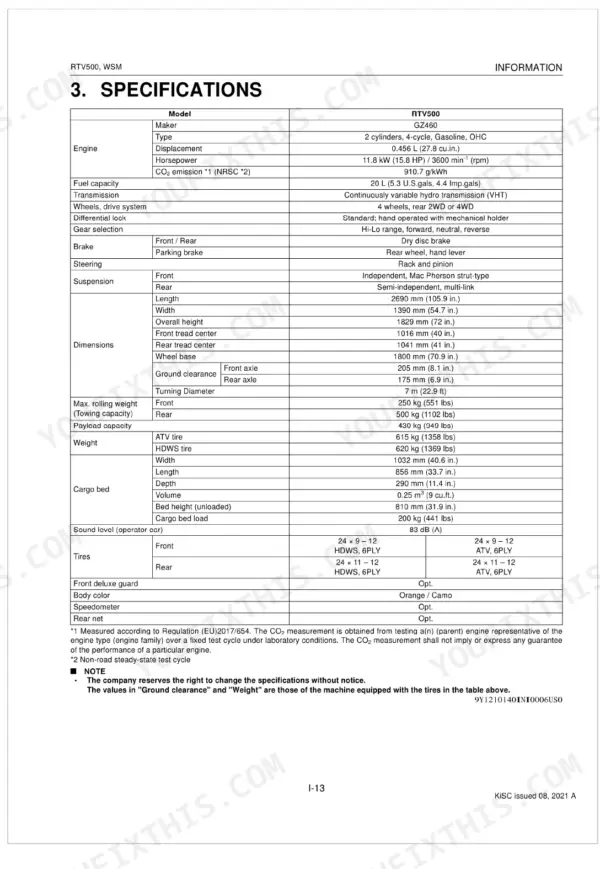 Kubota RTV500 technical specifications table including engine, dimensions, cargo bed, and tire data from workshop manual.