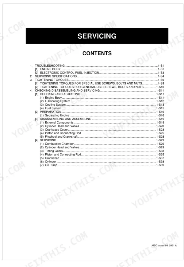 Kubota RTV500 Servicing section table of contents listing engine body, torque specs, and disassembly procedures.