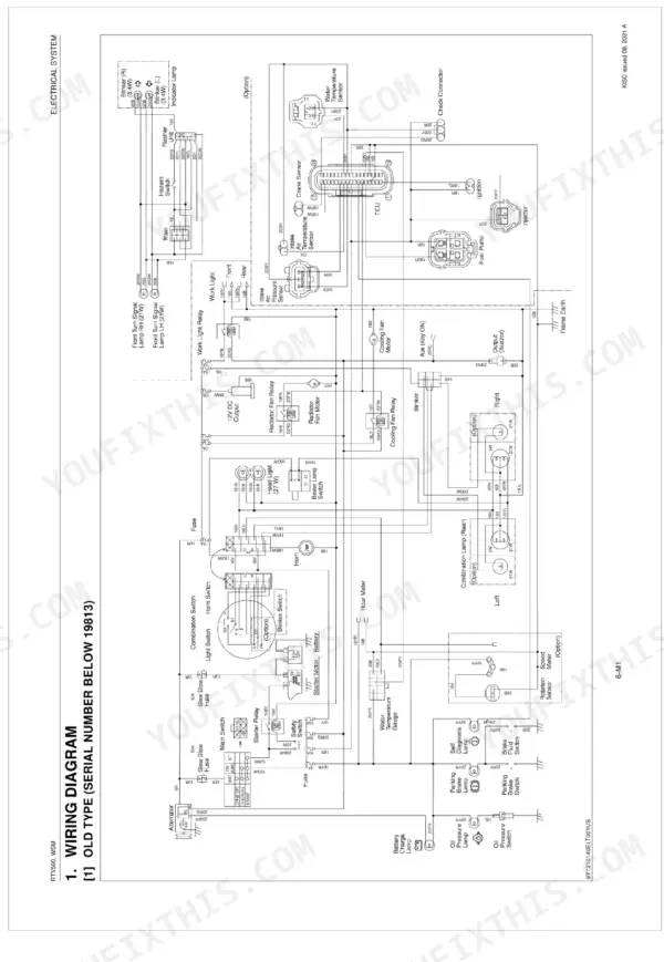 Kubota RTV500 old type electrical wiring diagram showing ECU, sensors, relays, and lighting system connections.