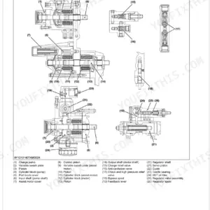 Kubota RTV520 transaxle traveling system mechanism diagram showing HST pump, motor, and regulator valve components.
