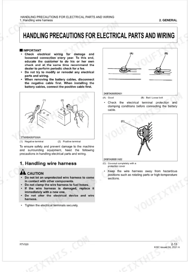 Kubota RTV520 electrical parts and wiring handling precautions, battery terminal diagrams, and wire harness safety guide.