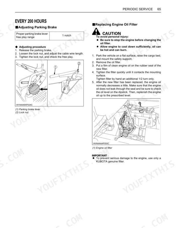 Kubota RTV900 periodic service page: parking brake adjustment procedure and engine oil filter replacement instructions.