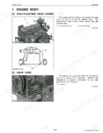 Kubota RTV900 engine manual showing half-floating head cover, rubber packing, and gear case cooling fins diagrams.