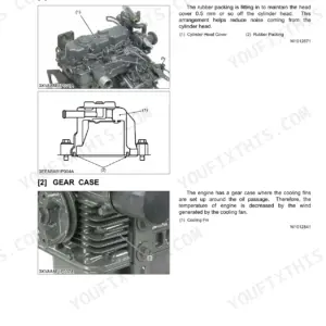 Kubota RTV900 engine manual showing half-floating head cover, rubber packing, and gear case cooling fins diagrams.