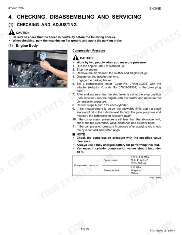 Kubota RTV900 engine compression pressure testing procedure, steps, and factory specification table.