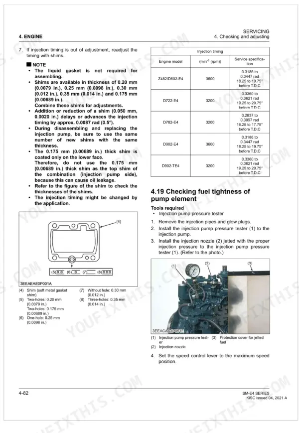 Kubota SM-E4 Series engine injection timing adjustment table, shim thickness guide, and fuel pump tightness test procedure.