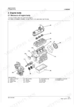 kubota-sm-e4-series-diesel-engine-workshop-manual-exploded-view-89.webp Kubota SM-E4 Series engine body exploded view diagram showing cylinder head, crankshaft, pistons, and gear case components.