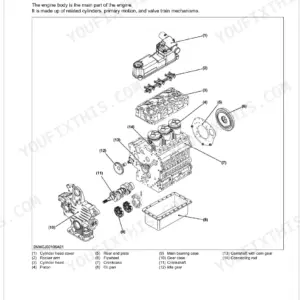 Kubota SM-E4 Series engine body exploded view diagram showing cylinder head, crankshaft, pistons, and gear case components.