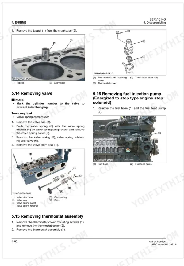 Kubota SM-E4 Series engine service manual: removing tappets, thermostat, valves, and fuel injection pump procedures.