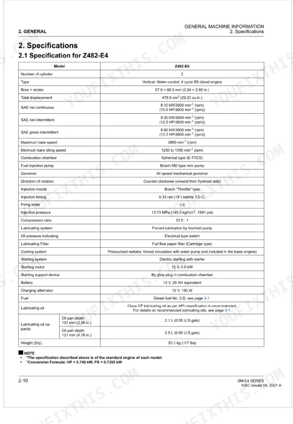 Kubota SM-E4 Series Z482-E4 engine specifications table including bore, stroke, displacement, and power ratings.
