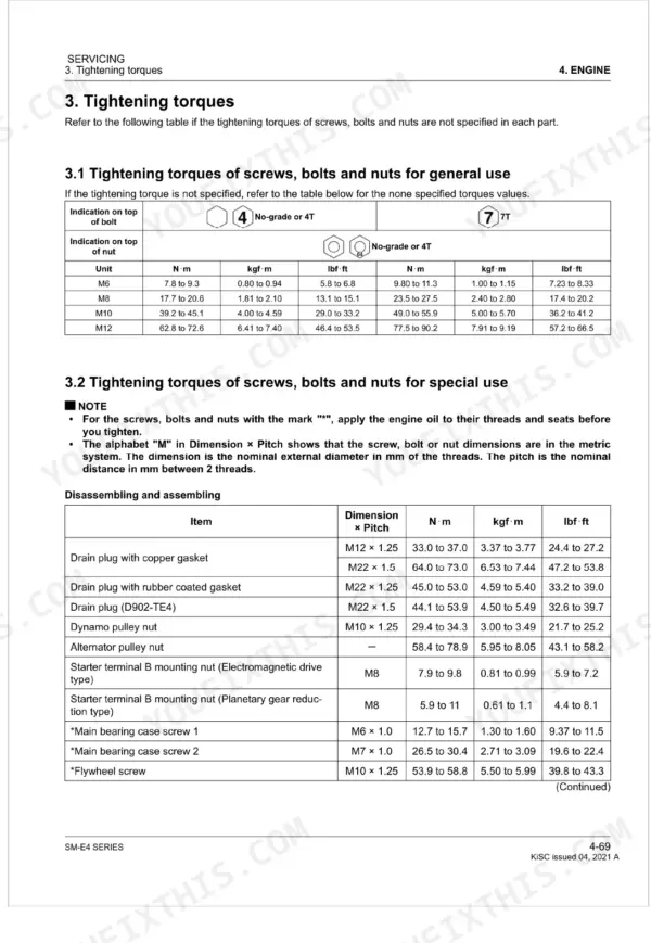 Kubota SM-E4 Series engine manual: general and special use bolt tightening torque specification tables.