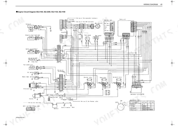 Kubota SQ-1120, SQ-1150, SQ-3140, SQ-3200, SQ-3300 engine electrical circuit wiring diagram with relay and switch connections.