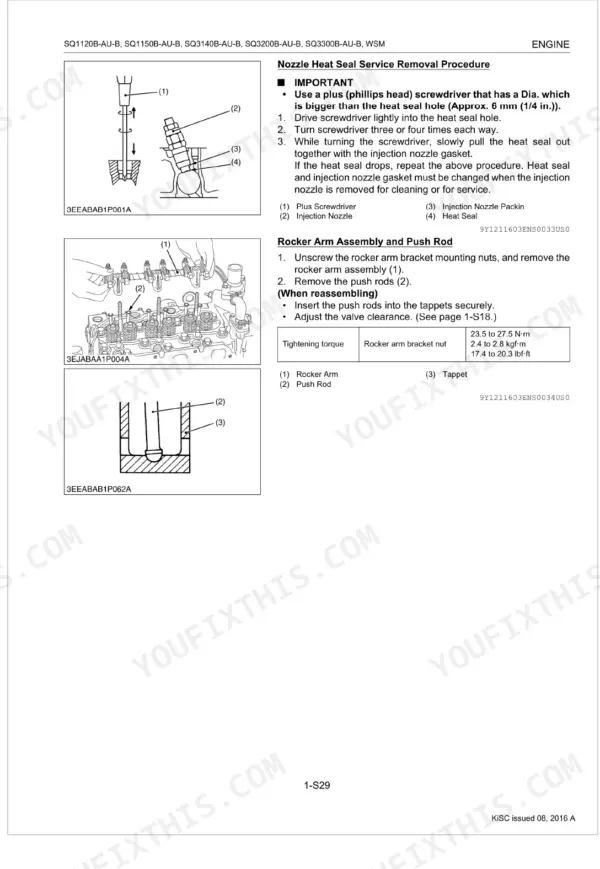 Kubota SQ-1120B-AU-B, SQ-1150B-AU-B, SQ-3140B-AU-B, SQ-3200B-AU-B, SQ-3300B-AU-B nozzle heat seal removal and rocker arm assembly steps.