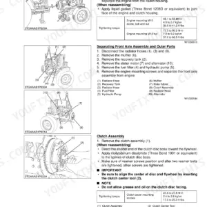Kubota STα-30, STα-35 service manual: engine separation, front axle removal, and clutch assembly procedures with torque specs.