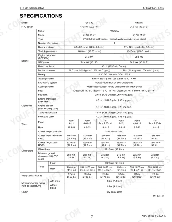 Kubota STα-30, STα-35 specifications table for engine, capacities, tires, dimensions, and weight.