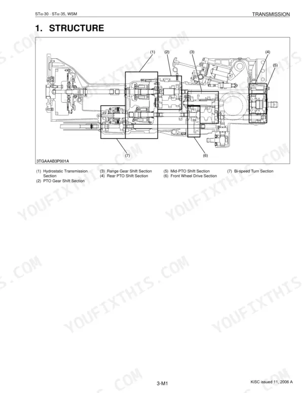 Kubota STα-30, STα-35 transmission structure diagram showing hydrostatic, PTO, range gear, and bi-speed turn sections.