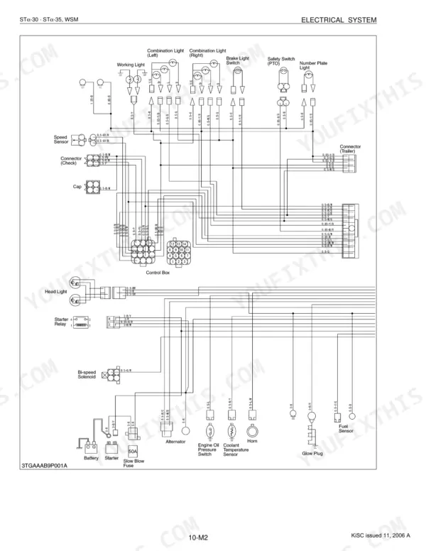 Kubota STα-30, STα-35 electrical system wiring diagram showing control box, sensors, lights, and starter relay connections.