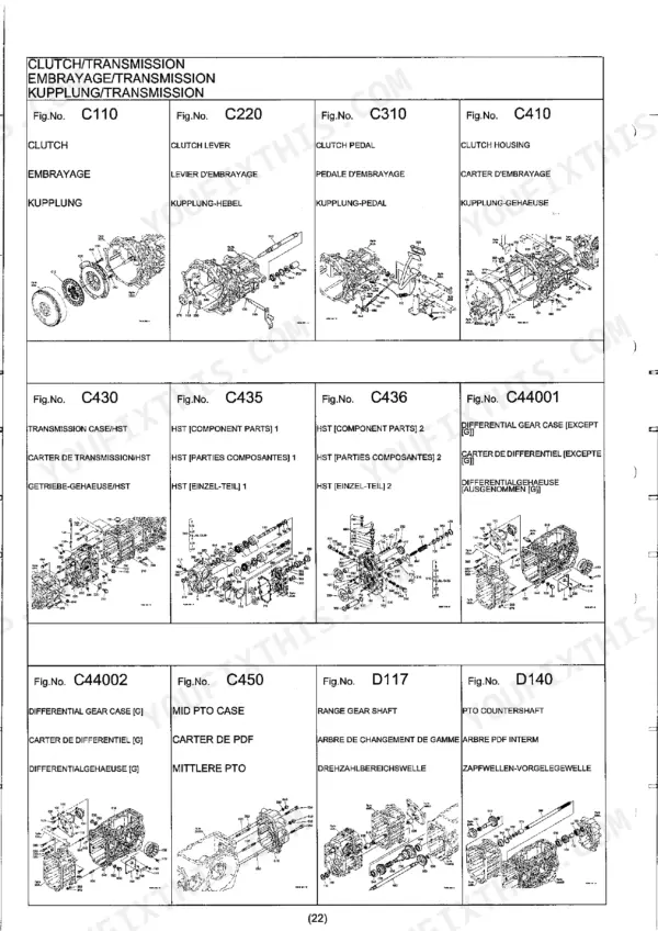 Kubota STV32/36/40 clutch, transmission, HST, and differential gear case exploded view parts diagrams.
