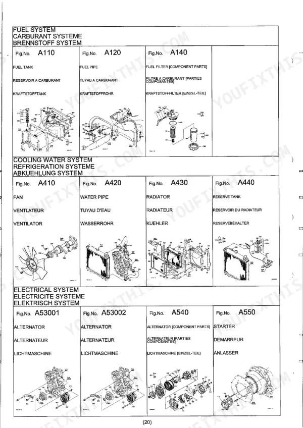 Kubota STV32/36/40 parts catalog showing fuel, cooling, and electrical system exploded view diagrams.