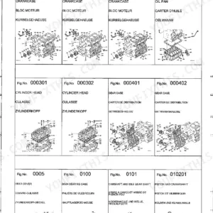 Kubota STV32/36/40 engine parts catalog showing exploded views of crankcase, cylinder head, gear case, and crankshaft.