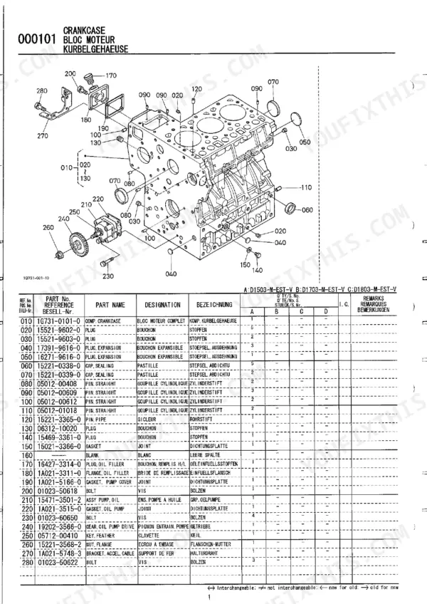 Kubota STV32/36/40 exploded view and parts list for the engine crankcase assembly and oil pump components.