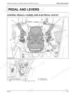 Kubota SVL65-2 diagram of operator cabin controls, levers, seat, electrical outlet, and accelerator pedal.