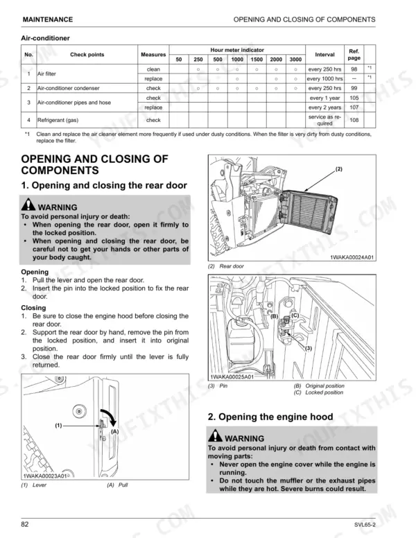 Kubota SVL65-2 maintenance table for air-conditioner and procedures for opening and closing the rear door and engine hood.